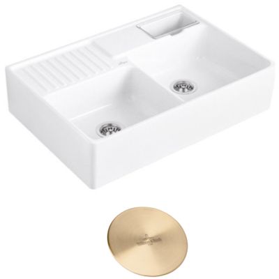 Evier timbre d'office VILLEROY ET BOCH Tradition 2 bacs 89,5 x 63 céramique vidage auto blanc + Cache bonde or