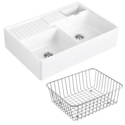 Evier timbre d'office VILLEROY ET BOCH Tradition 2 bacs 89,5 x 63 céramique vidage auto blanc + Panier vaiselle