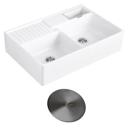 Evier timbre d'office VILLEROY ET BOCH Tradition 2 bacs 89,5 x 63 céramique vidage manuel blanc + Cache bonde anthracite