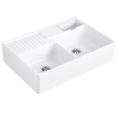 Evier timbre d'office VILLEROY ET BOCH Tradition 2 bacs 89,5 x 63 céramique vidage manuel blanc + Cache bonde anthracite