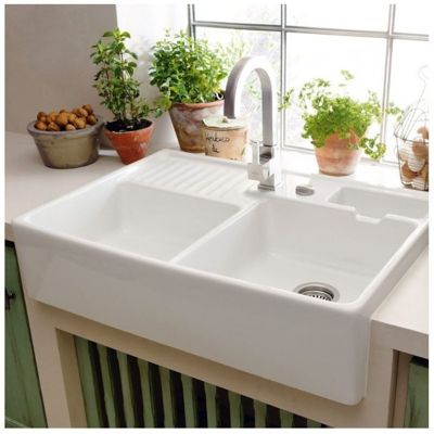 Evier timbre d'office VILLEROY ET BOCH Tradition 2 bacs 89,5 x 63 céramique vidage manuel blanc + Cache bonde anthracite