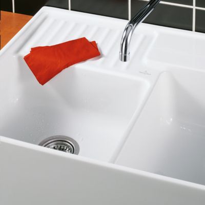Evier timbre d'office VILLEROY ET BOCH Tradition 2 bacs 89,5 x 63 céramique vidage manuel blanc + Cache bonde anthracite