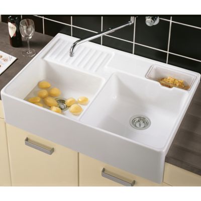 Evier timbre d'office VILLEROY ET BOCH Tradition 2 bacs 89,5 x 63 céramique vidage manuel blanc + Cache bonde anthracite