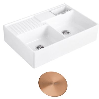 Evier timbre d'office VILLEROY ET BOCH Tradition 2 bacs 89,5 x 63 céramique vidage manuel blanc + Cache bonde bronze