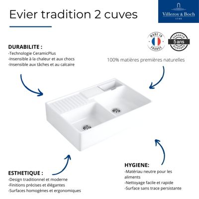 Evier timbre d'office VILLEROY ET BOCH Tradition 2 bacs 89,5 x 63 céramique vidage manuel blanc + Cache bonde bronze