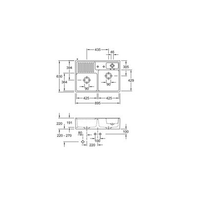 Evier timbre d'office VILLEROY ET BOCH Tradition 2 bacs 89,5 x 63 céramique vidage manuel blanc + Cache bonde bronze