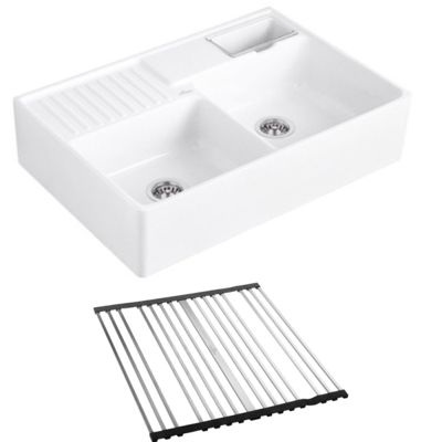 Evier timbre d'office VILLEROY ET BOCH Tradition 2 bacs 89,5 x 63 céramique vidage manuel blanc + Egouttoir déroulable