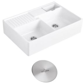 Evier timbre d'office VILLEROY ET BOCH Tradition 89,5 x 63 céramique vidage auto blanc + Cache bonde acier massif