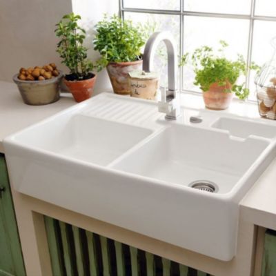 Evier timbre d'office VILLEROY ET BOCH Tradition 89,5 x 63 céramique vidage auto blanc + Cache bonde acier massif