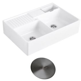 Evier timbre d'office VILLEROY ET BOCH Tradition 89,5 x 63 céramique vidage auto blanc + Cache bonde anthracite