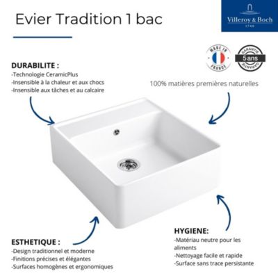 Evier timbre office VILLEROY ET BOCH Tradition Blanc CeramicPlus avec vidage automatique