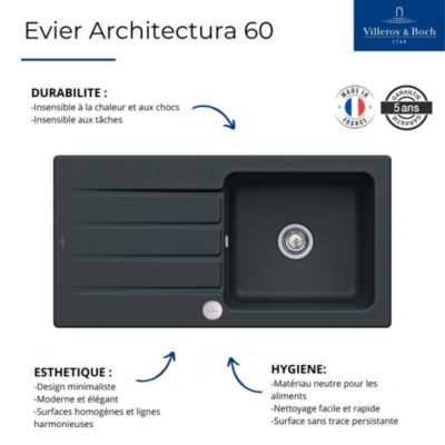 Evier VILLEROY ET BOCH Architectura 60 Pure Black avec vidage automatique