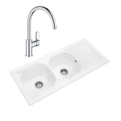 Evier VILLEROY ET BOCH Nestor Plus + Mitigeur cuisine bec haut GROHE Bauloop