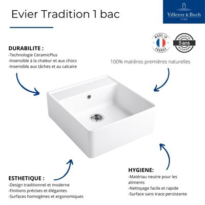 Evier VILLEROY ET BOCH Timbre d'office Tradition 1 bac vidage auto + Robinet de cuisine Avia 2.0 Anthracite
