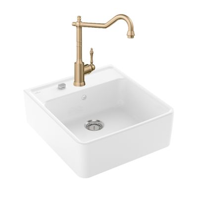Evier VILLEROY ET BOCH Timbre d'office Tradition 1 bac vidage auto + Robinet de cuisine Avia 2.0 Or Mat