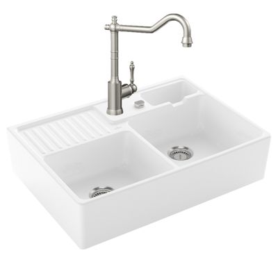 Evier VILLEROY ET BOCH Timbre d'office Tradition 2 bacs vidage auto + Robinet de cuisine Avia 2.0 Acier Massif