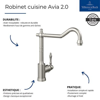 Evier VILLEROY ET BOCH Timbre d'office Tradition 2 bacs vidage auto + Robinet de cuisine Avia 2.0 Acier Massif