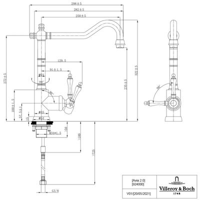 Evier VILLEROY ET BOCH Timbre d'office Tradition 2 bacs vidage auto + Robinet de cuisine Avia 2.0 Acier Massif