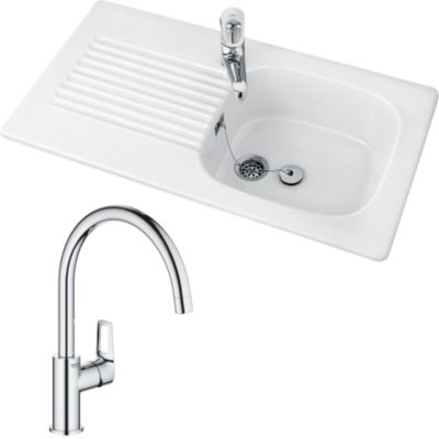 Evier VILLEROY ET BOCH  Tudor + mitigeur cuisine GROHE Bauloop bec haut