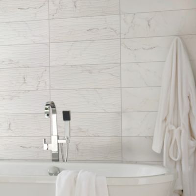 Faïence murale effet marbre blanc décor vagues L.60 x l.20 cm x ép.9,4 mm, Aruma