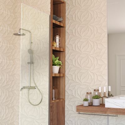 Faïence murale effet pierre beige mat décor feuille L.90 x l.30 cm x ép.10,5 mm, Avenue