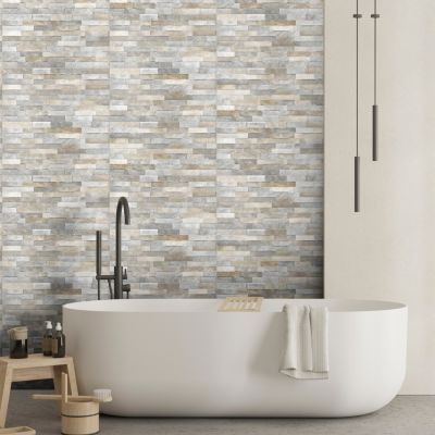Faïence murale intérieur effet pierre tons gris décor 3D L.60 x l.30 cm x ép.8,2 mm, Quartz 3D
