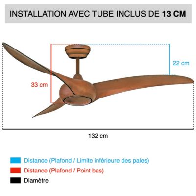 Fanelite - Ventilateur de plafond 132 cm imitation bois TOBAGO - Moteur DC 38W - Télécommande - Wifi - Très silencieux