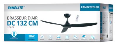 Fanelite - Ventilateur de plafond 132 cm noir FANDC52N-BK - Moteur DC 18W - 3 pales - SANS LUMIÈRE - Silencieux