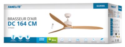 Fanelite - Ventilateur de plafond 164 cm blanc et bois GUANA - Moteur DC 35W - Télécommande - Wifi - Très silencieux