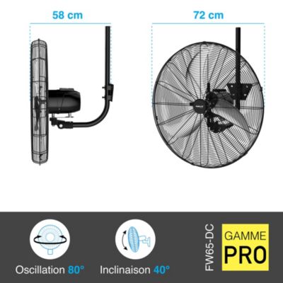 Fanelite - Ventilateur mural FW65-DC - Moteur DC - Hélice 65 cm - 6 vitesses - Oscillant ou fixe - Pro - Très fort débit d'air