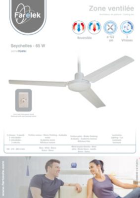 FARELEK - SEYCHELLES O 122 cm - Ventilateur de plafond reversible - 3 pales metal laquees blanc - 112416