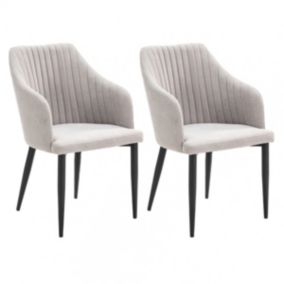 FASCA - Lot de 2 Fauteuils Tissu Gris Clair Surpiqures Verticales Pieds Métal Noir