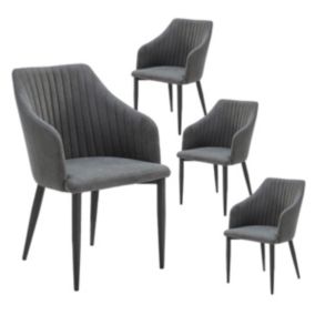 FASCA - Lot de 4 Fauteuils Tissu Noir Surpiqures Verticales Pieds Métal