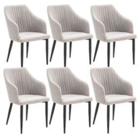 FASCA - Lot de 6 Fauteuils Tissu Gris Clair Surpiqures Verticales Pieds Métal Noir