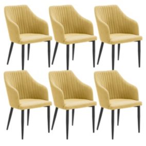 FASCA - Lot de 6 Fauteuils Tissu Jaune Surpiqures Verticales Pieds Métal Noir