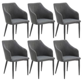 FASCA - Lot de 6 Fauteuils Tissu Noir Surpiqures Verticales Pieds Métal