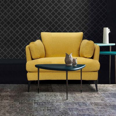 Fauteuil avec coussins tissu chiné jaune et pieds métal noir - BOON