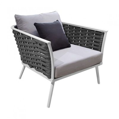 Fauteuil bas de jardin en aluminium blanc et tressage gris - RISE