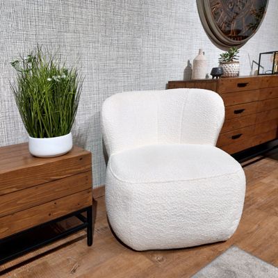 Fauteuil bas rond en tissu bouclette blanc et dossier arrondi - MALLOW