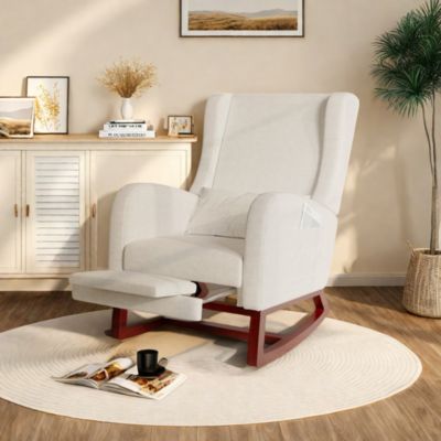 Fauteuil à bascule beige en lin avec repose-jambes extensible, poches latérales et coussin inclus