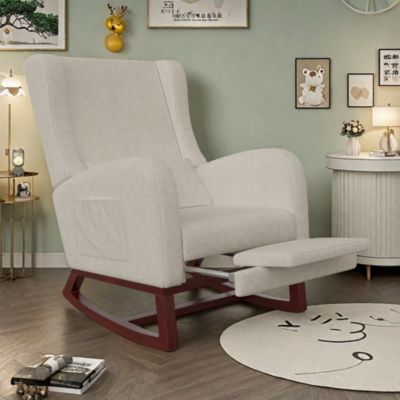 Fauteuil à bascule beige en lin avec repose-jambes extensible, poches latérales et coussin inclus