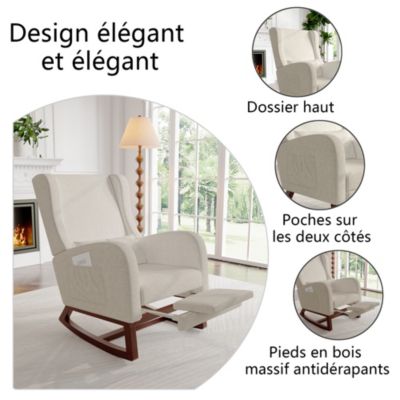 Fauteuil à bascule beige en lin avec repose-jambes extensible, poches latérales et coussin inclus