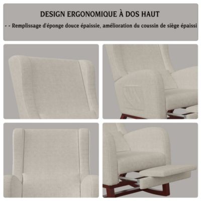 Fauteuil à bascule beige en lin avec repose-jambes extensible, poches latérales et coussin inclus