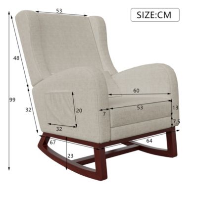 Fauteuil à bascule beige en lin avec repose-jambes extensible, poches latérales et coussin inclus