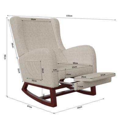 Fauteuil à bascule beige en lin avec repose-jambes extensible, poches latérales et coussin inclus