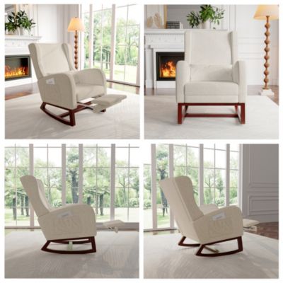 Fauteuil à bascule beige en lin avec repose-jambes extensible, poches latérales et coussin inclus