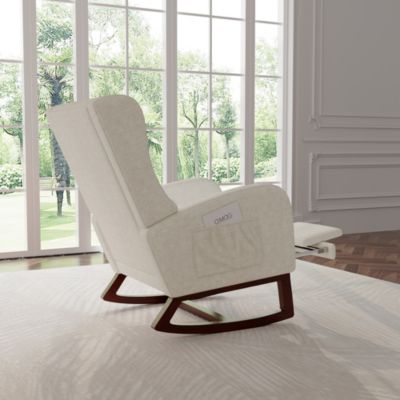 Fauteuil à bascule beige en lin avec repose-jambes extensible, poches latérales et coussin inclus
