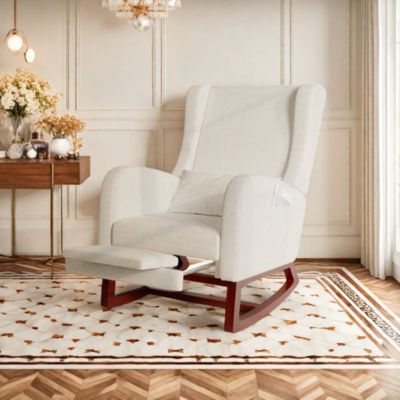 Fauteuil à bascule beige en lin avec repose-jambes extensible, poches latérales et coussin inclus