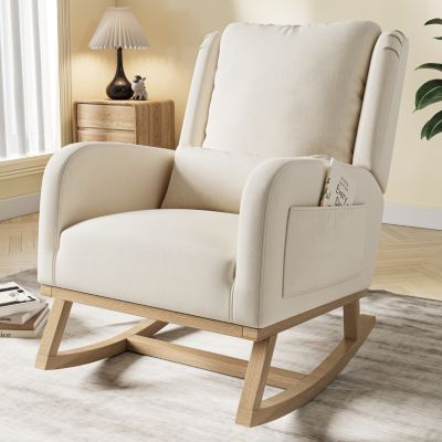 Fauteuil à bascule beige en lin/coton, dossier épaissi, coussin inclus, poches latérales, pieds renforcés avec barres de stabilité