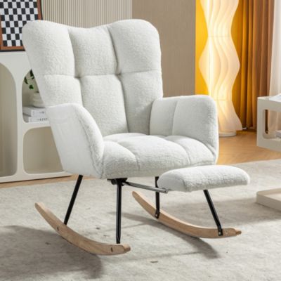 Fauteuil à Bascule Blanc - Fauteuil Relax en Tissu Polaire Teddy avec Repose-Pieds Extensible et Dossier Haut